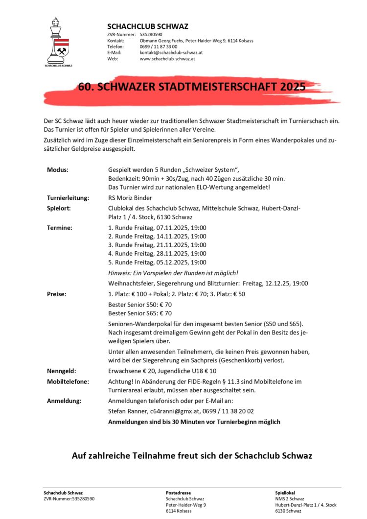 60. Schwazer Stadtmeisterschaft 2025 – Start in einer Woche!