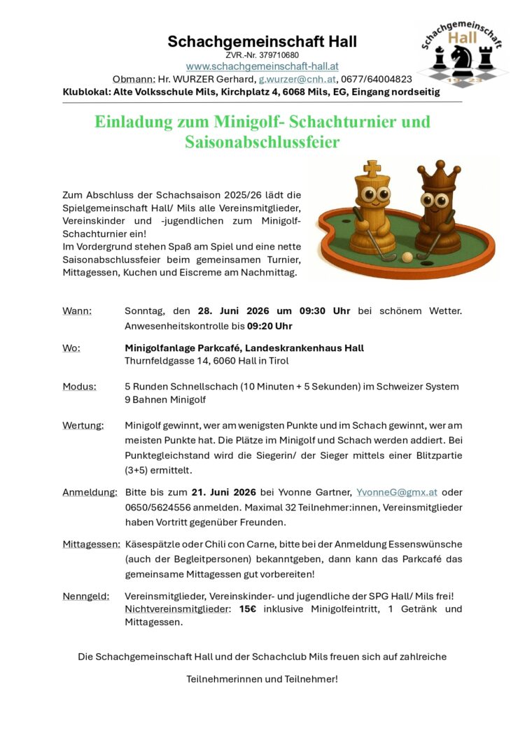 Einladung zum Minigolf-Schachturnier und Saisonabschlussfeier